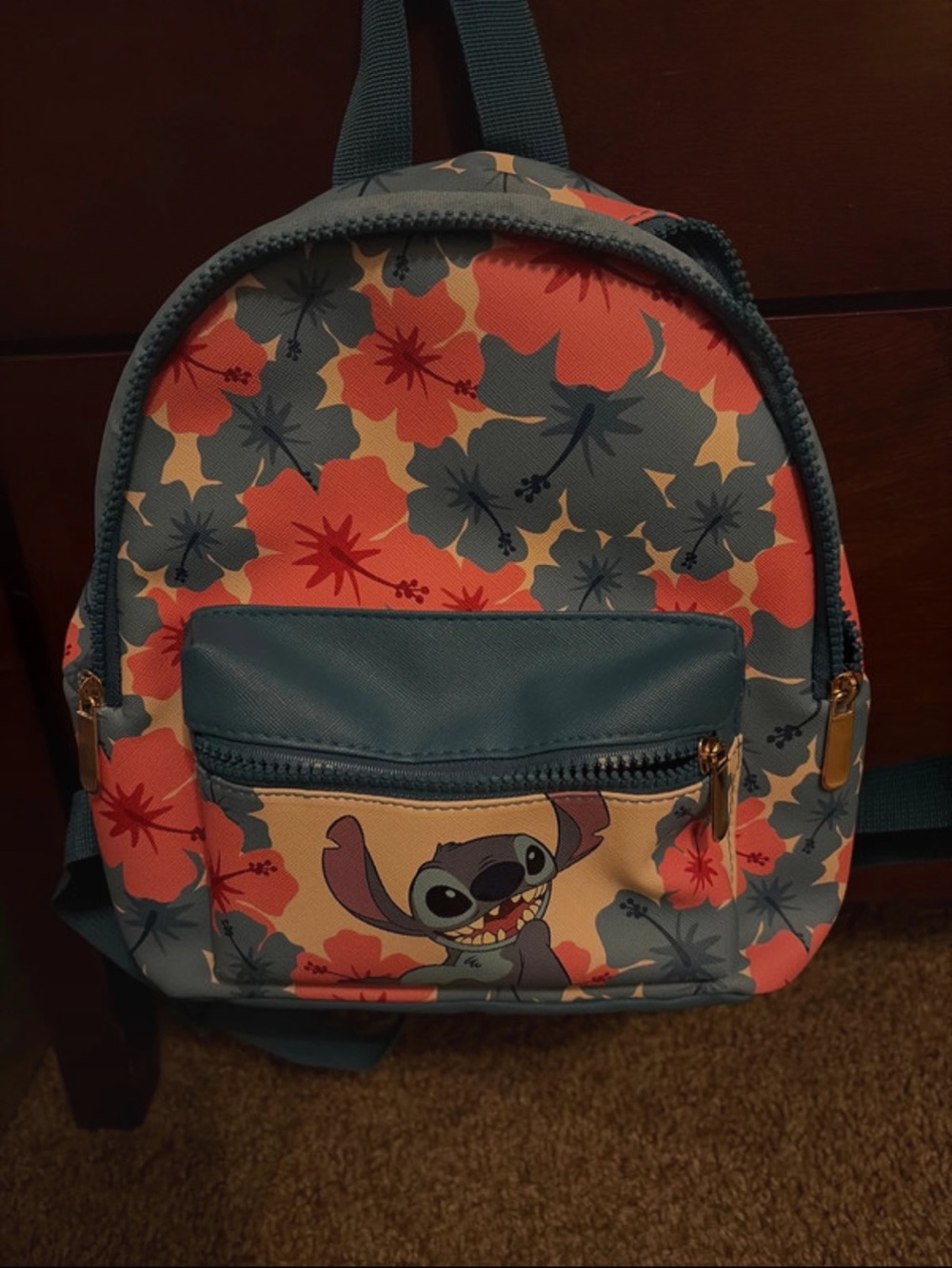 Floral Blue and Coral Kids Backpack with Character Front Pocket